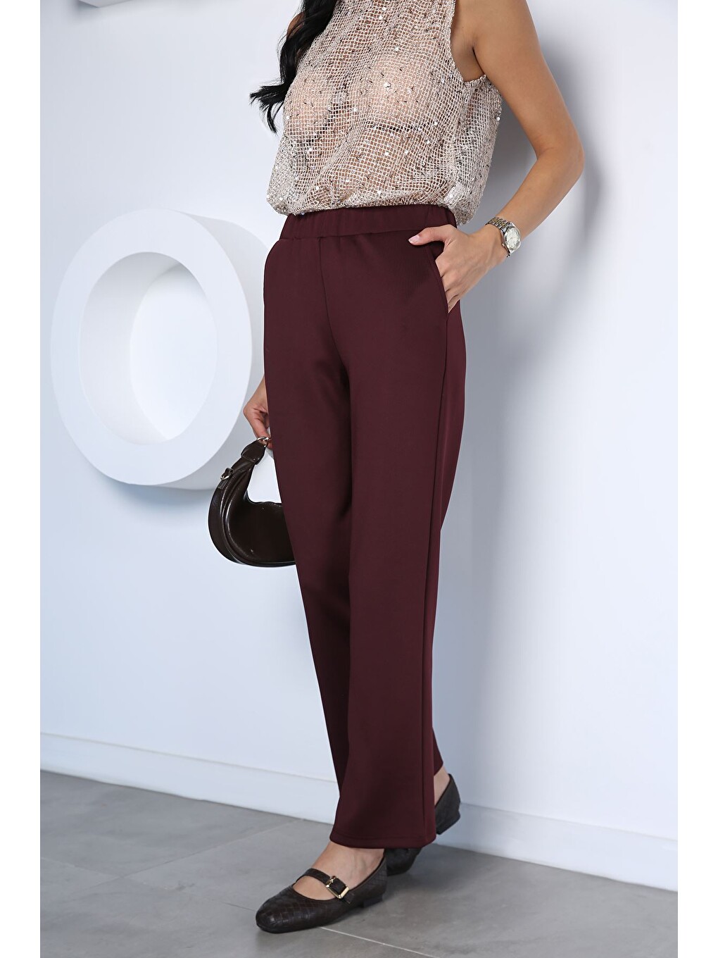 Bordo Kadın Trend Scuba Kumaş Pantolon-1