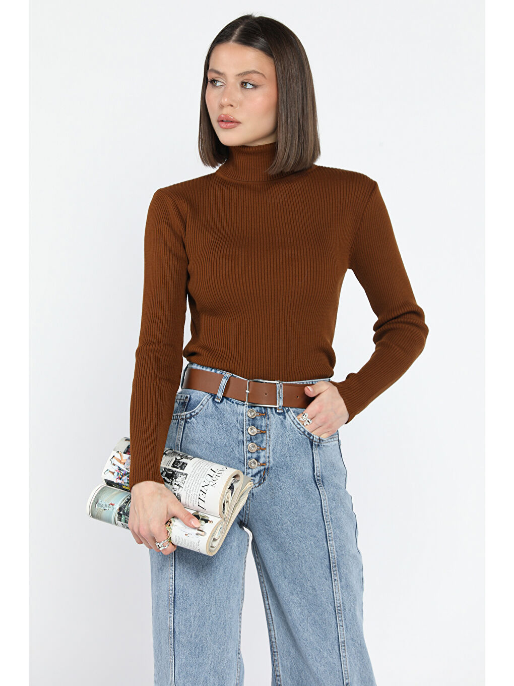 Kahverengi Kadın Tam Balıkçı Yaka Elastanlı Triko Bluz  s m l Beden Uyumludur-1