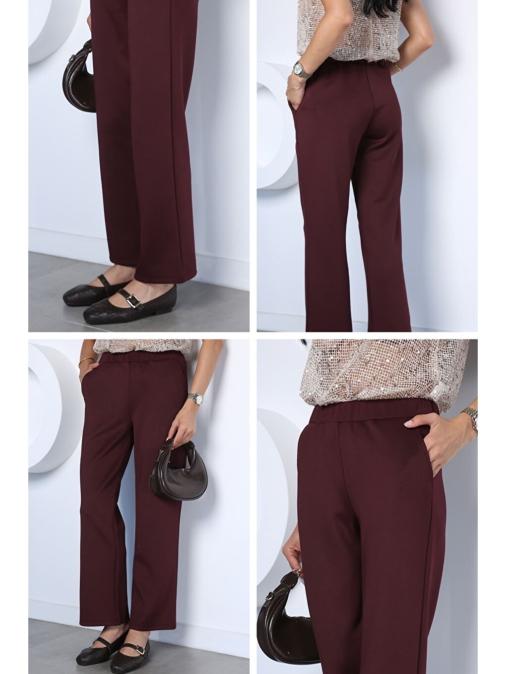 Bordo Kadın Trend Scuba Kumaş Pantolon-2