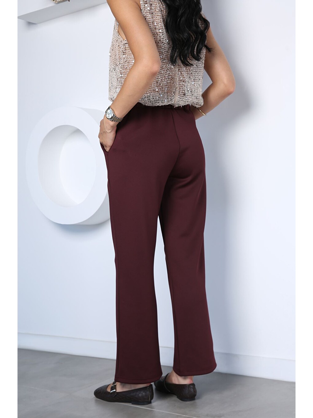 Bordo Kadın Trend Scuba Kumaş Pantolon-3