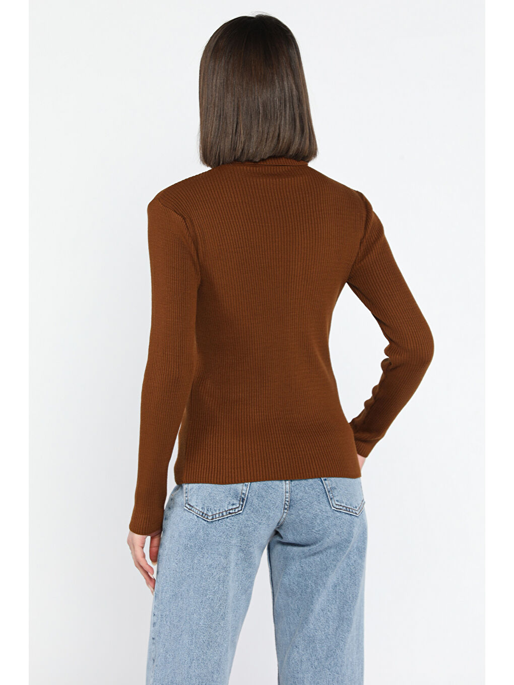 Kahverengi Kadın Tam Balıkçı Yaka Elastanlı Triko Bluz  s m l Beden Uyumludur-2