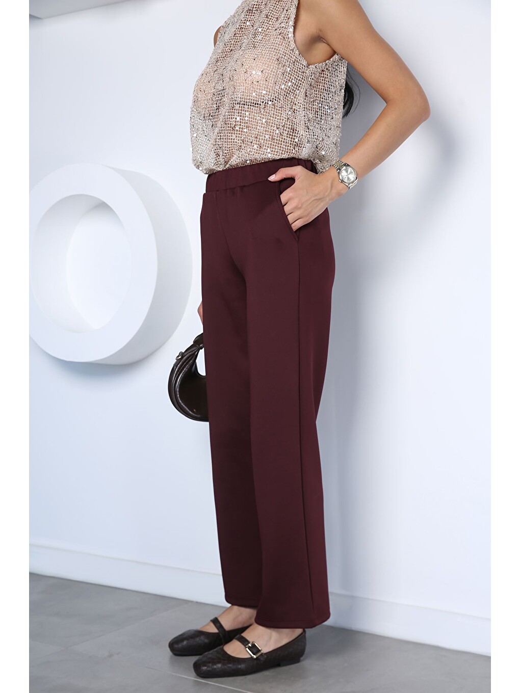 Bordo Kadın Trend Scuba Kumaş Pantolon-4