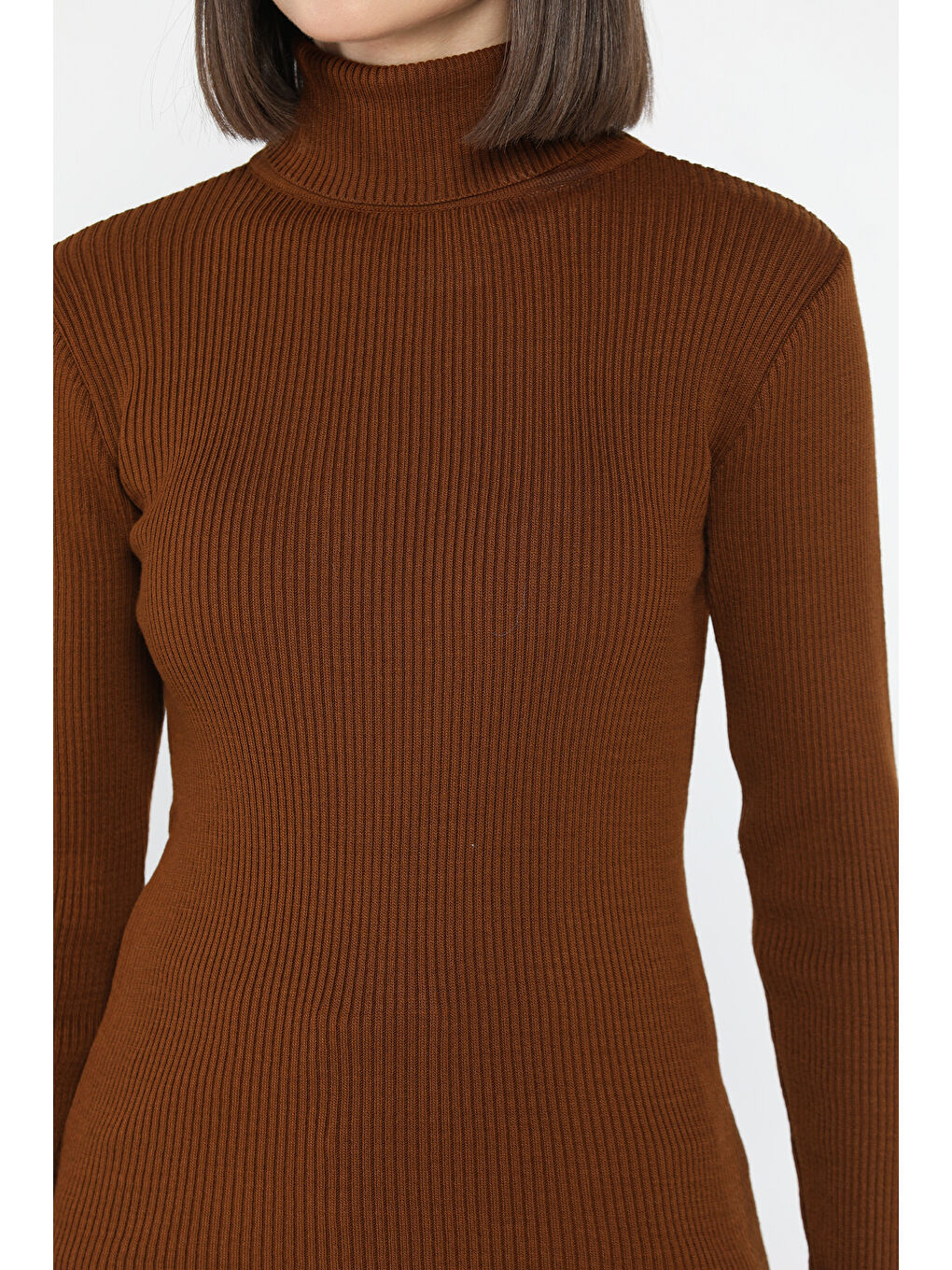 Kahverengi Kadın Tam Balıkçı Yaka Elastanlı Triko Bluz  s m l Beden Uyumludur-3