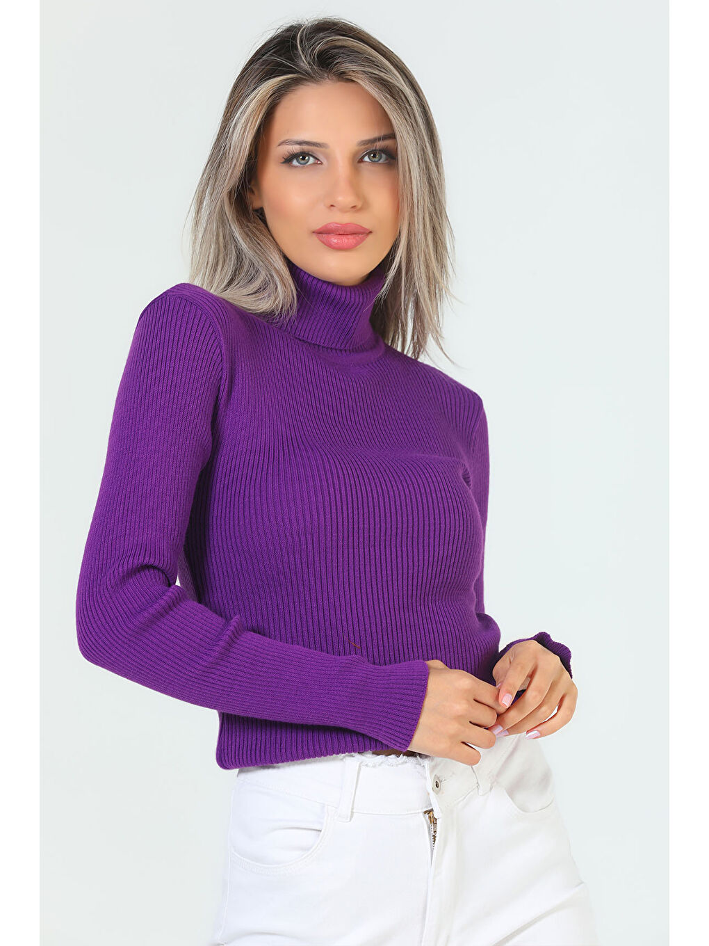 Mor Kadın Tam Balıkçı Yaka Elastanlı Triko Bluz  s m l Beden Uyumludur-2