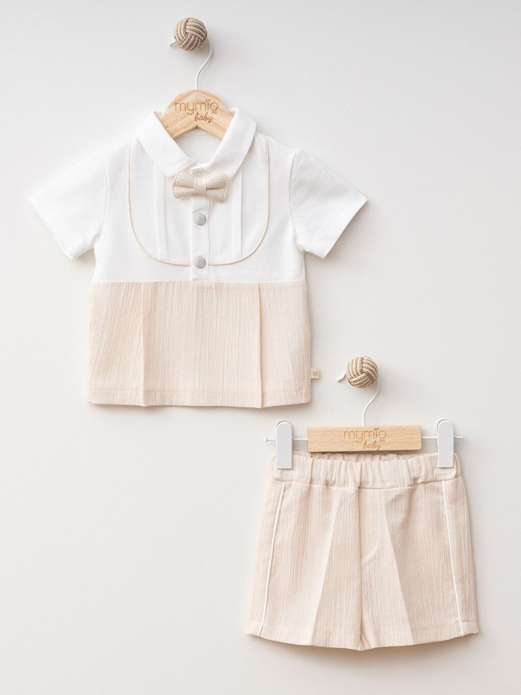 Bej Gömlek Yaka Papyonlu Kısa Kollu Erkek Bebek Tişört ve Şort Takım