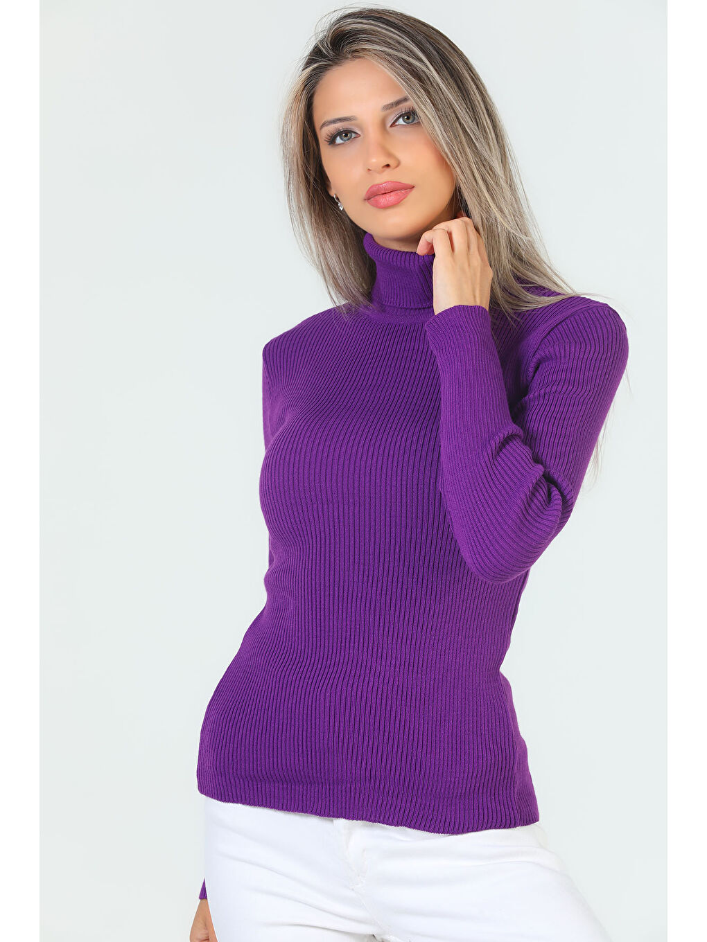 Mor Kadın Tam Balıkçı Yaka Elastanlı Triko Bluz  s m l Beden Uyumludur-4