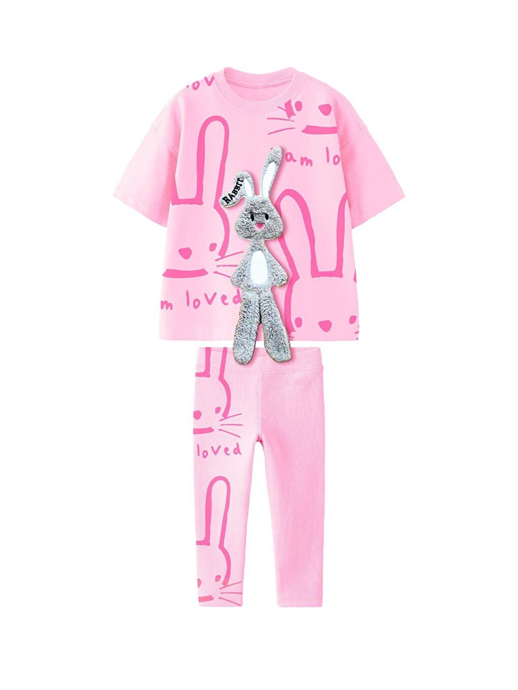 Pembe Kız Çocuk Pamuklu Kumaş 3 Boyutlu Pelüş Tavşan Detaylı Tshirt Tayt Alt Üst Takım
