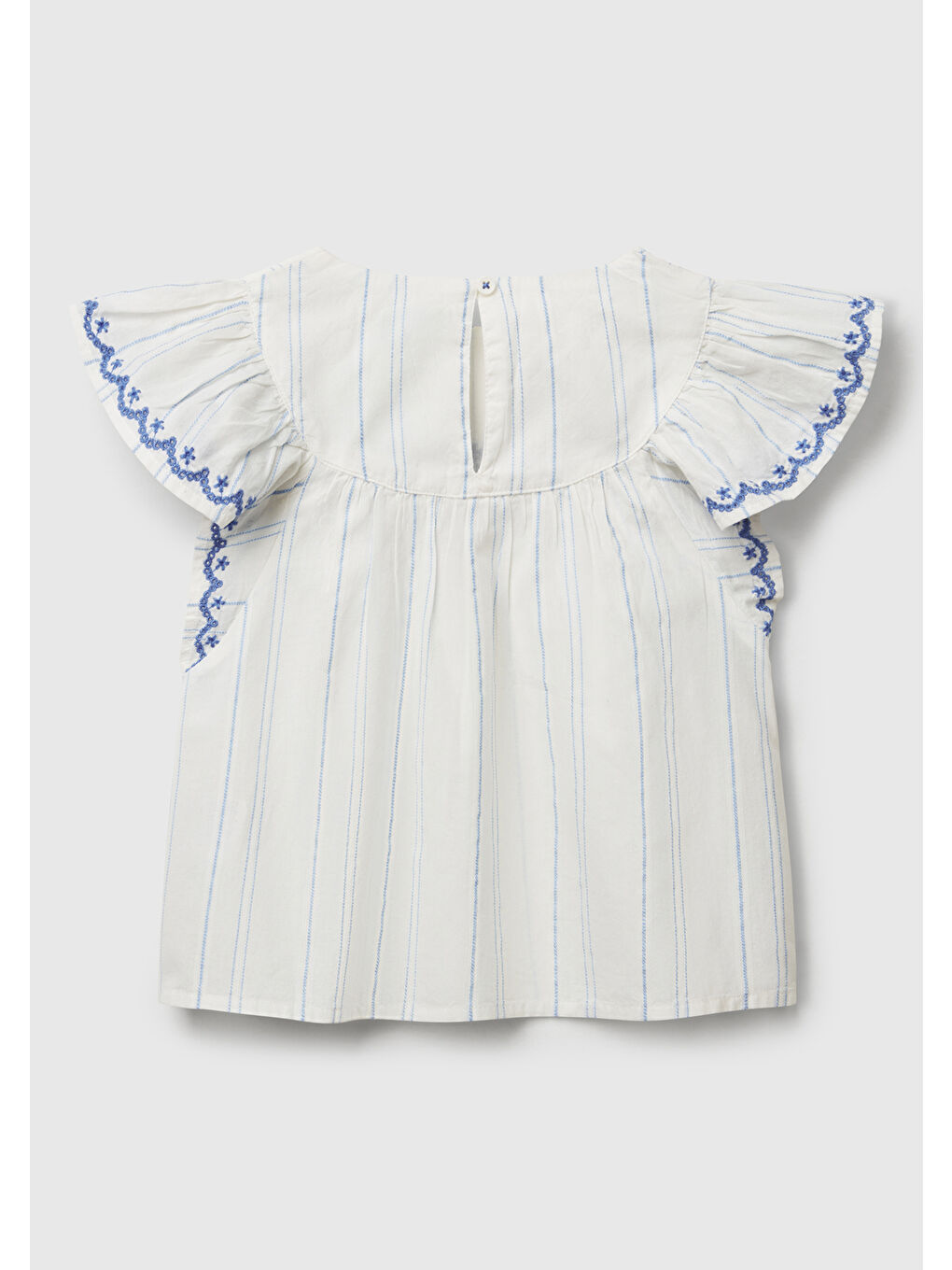 Kız Çocuk Beyaz Çizgili Kolu ve Önü Nakışlı Hafif Kloş Kısa Kollu Gömlek-1