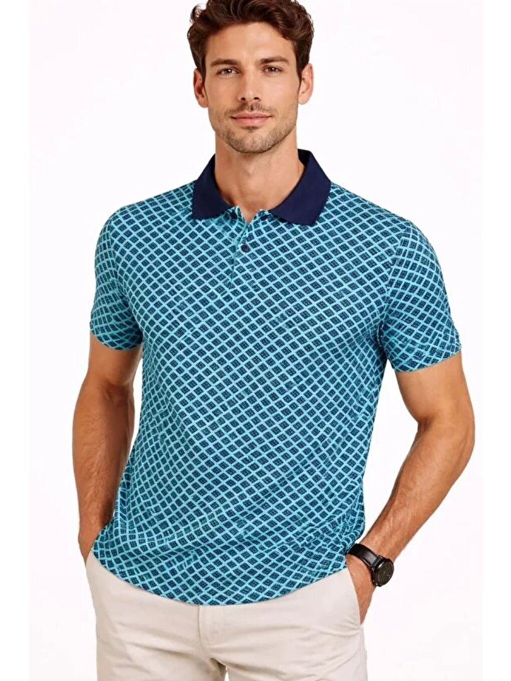 Erkek Pike Kumaş Polo Yaka Desenli Tişört Kısa Kol Yazlık T-Shirt - Turkuaz