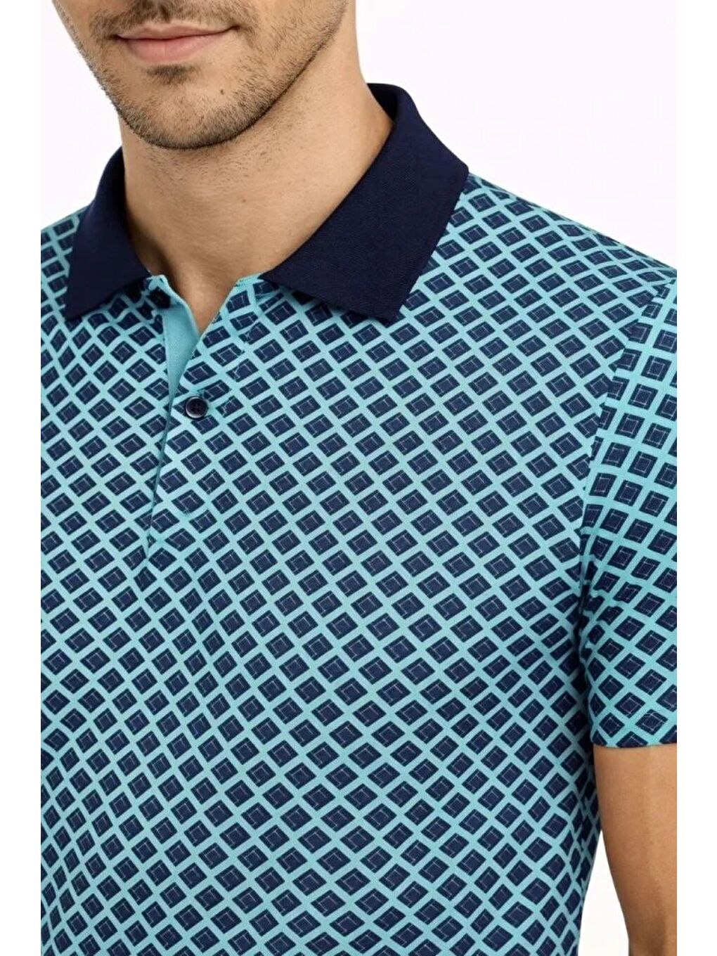Erkek Pike Kumaş Polo Yaka Desenli Tişört Kısa Kol Yazlık T-Shirt - Turkuaz-1
