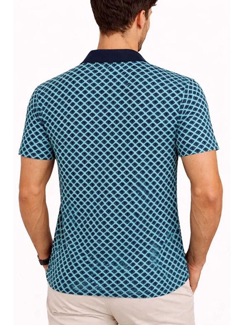 Erkek Pike Kumaş Polo Yaka Desenli Tişört Kısa Kol Yazlık T-Shirt - Turkuaz-2