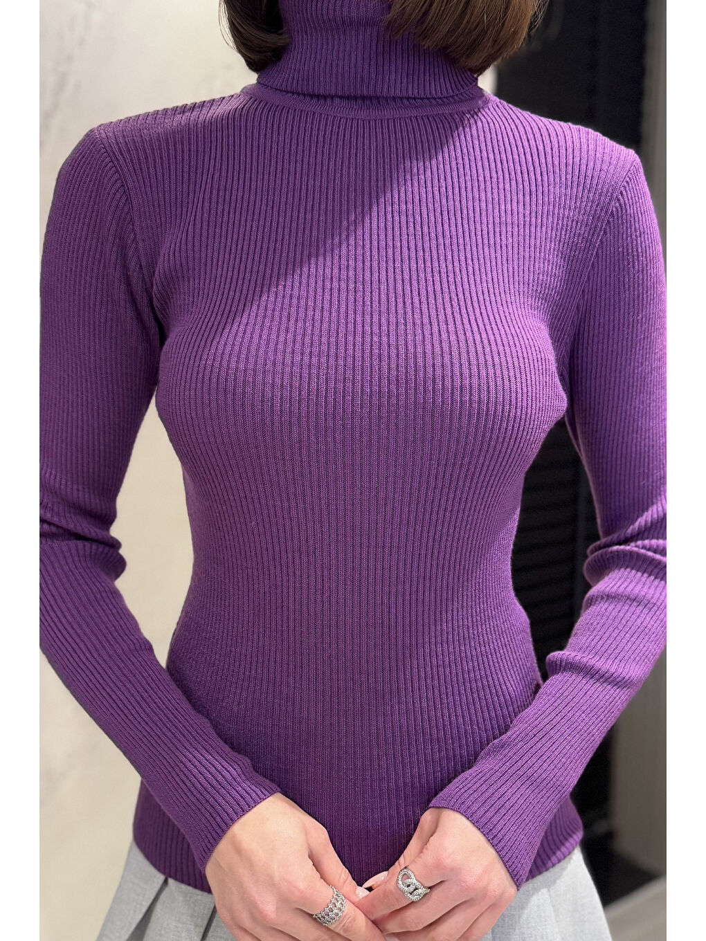 Mor Kadın Tam Balıkçı Yaka Elastanlı Triko Bluz  s m l Beden Uyumludur-7