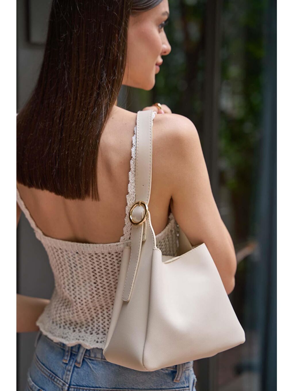 Ekru Toka Detaylı Omuz Çantası Krem-2
