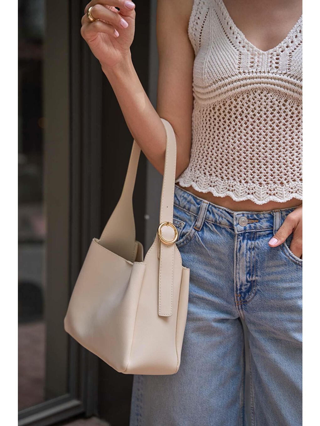 Ekru Toka Detaylı Omuz Çantası Krem-3
