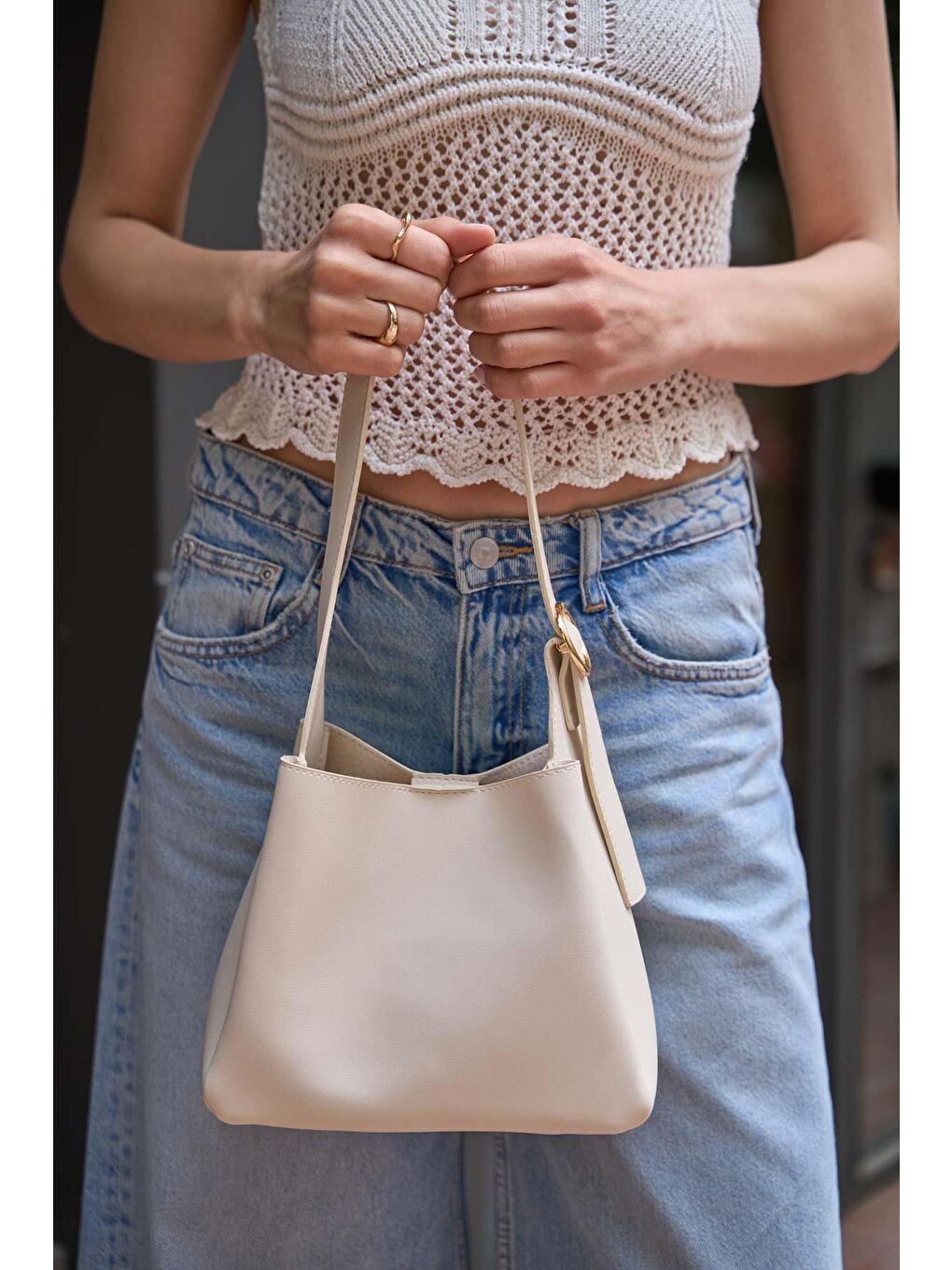 Ekru Toka Detaylı Omuz Çantası Krem-4