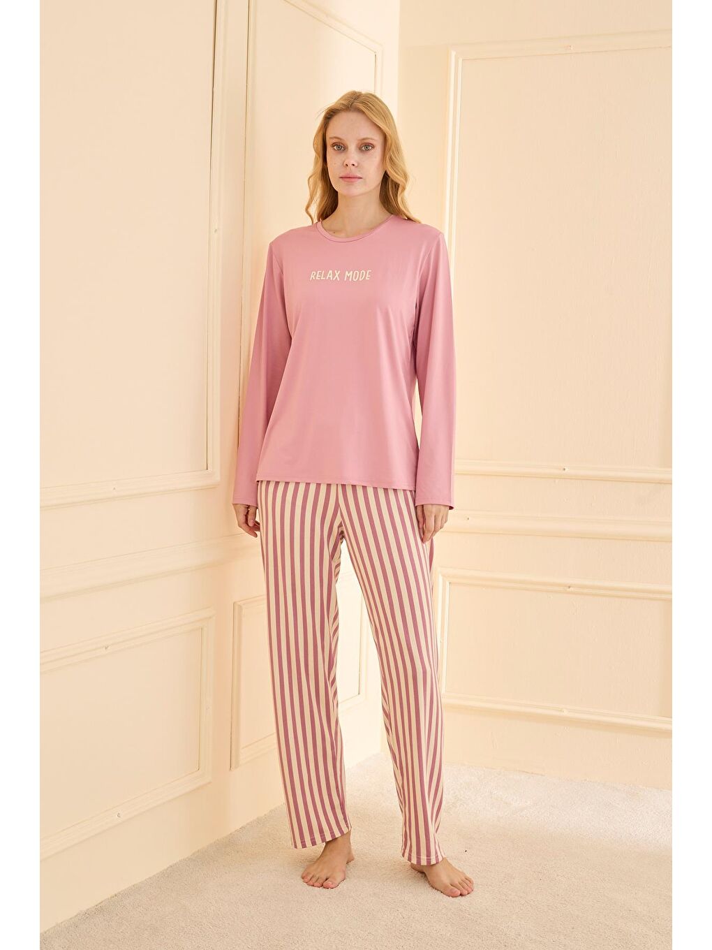 Pembe Kadın Milan Genç Bisiklet Yaka Pijama Takımı | Pudra 50902-2368