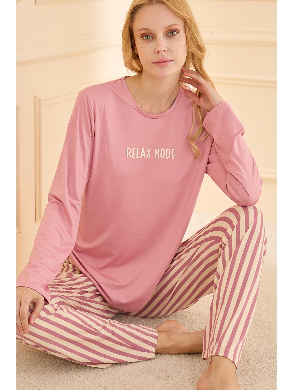 Pembe Kadın Milan Genç Bisiklet Yaka Pijama Takımı | Pudra 50902-2368-1