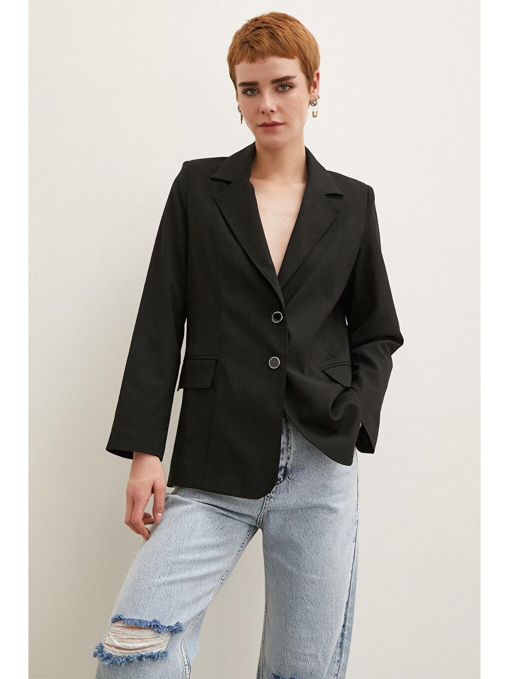 Siyah Çift Düğmeli Dikişli Blazer Ceket
