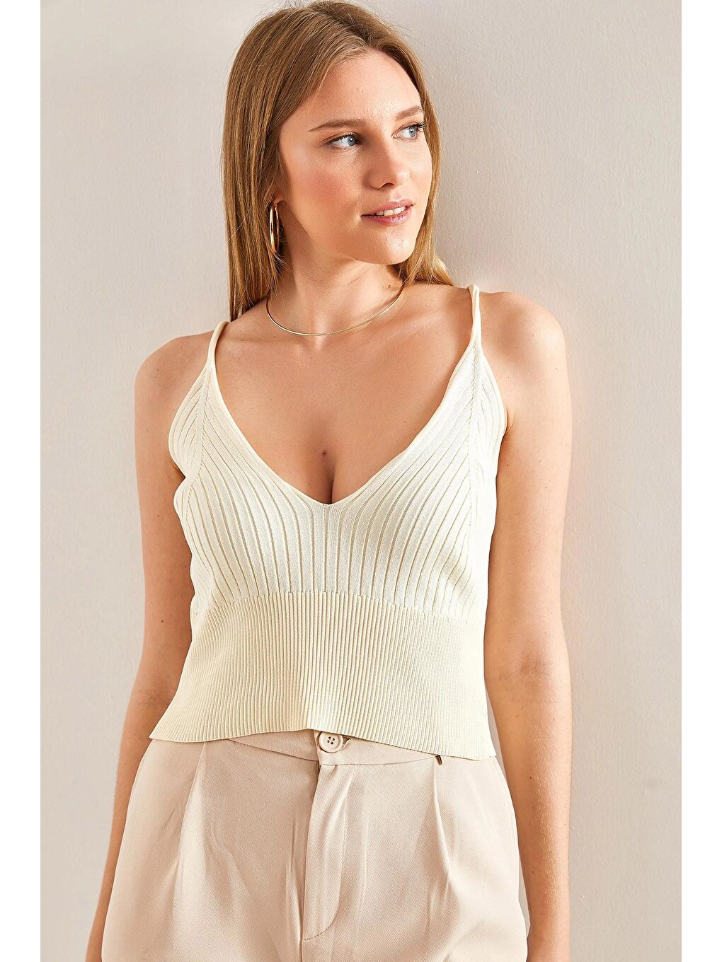 Ekru Kadın İp Askılı Fitilli Triko Bluz-1