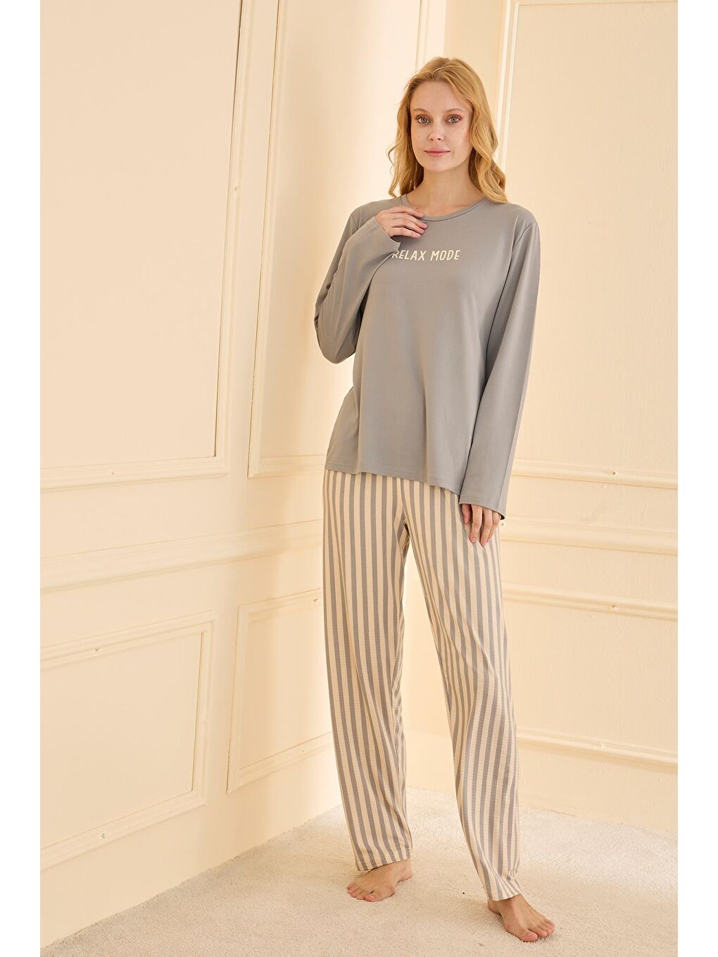 Kadın Milan Genç Bisiklet Yaka Pijama Takımı | Gri 50902-2364