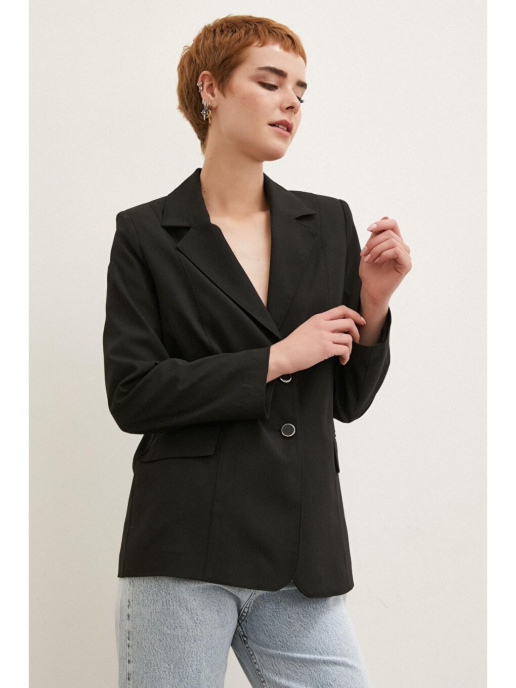 Siyah Çift Düğmeli Dikişli Blazer Ceket-2