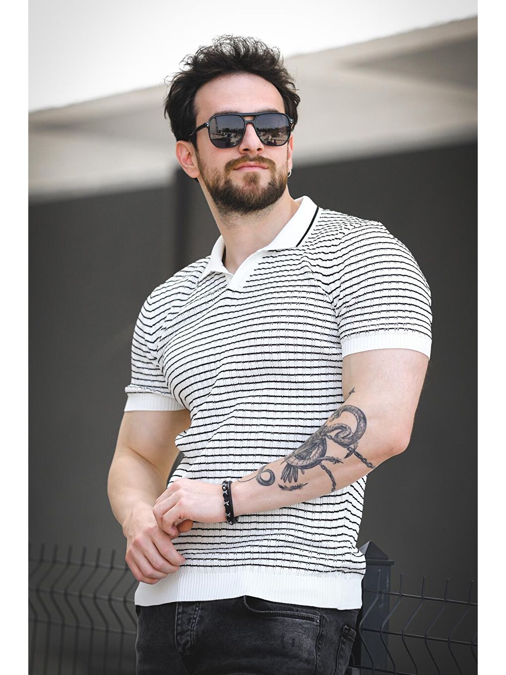 Beyaz Mirko Çizgili Elastanlı Slim Fit Polo Yaka Örme Erkek Triko Tshirt