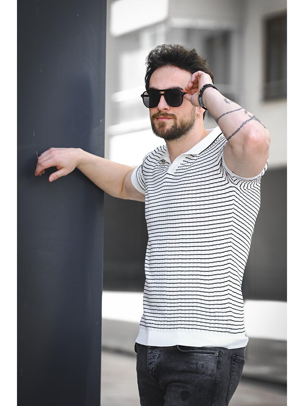 Beyaz Mirko Çizgili Elastanlı Slim Fit Polo Yaka Örme Erkek Triko Tshirt-1