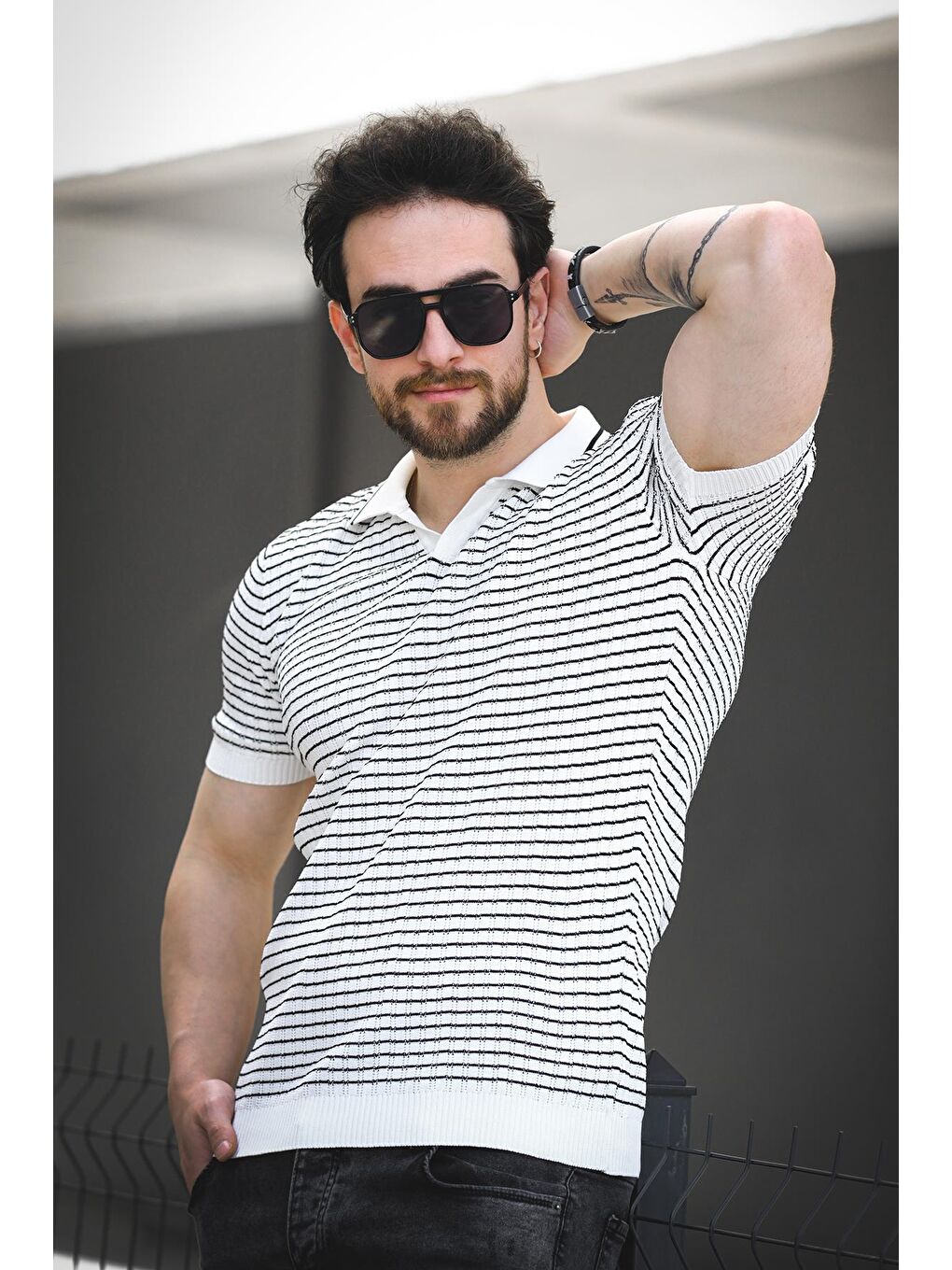 Beyaz Mirko Çizgili Elastanlı Slim Fit Polo Yaka Örme Erkek Triko Tshirt-2