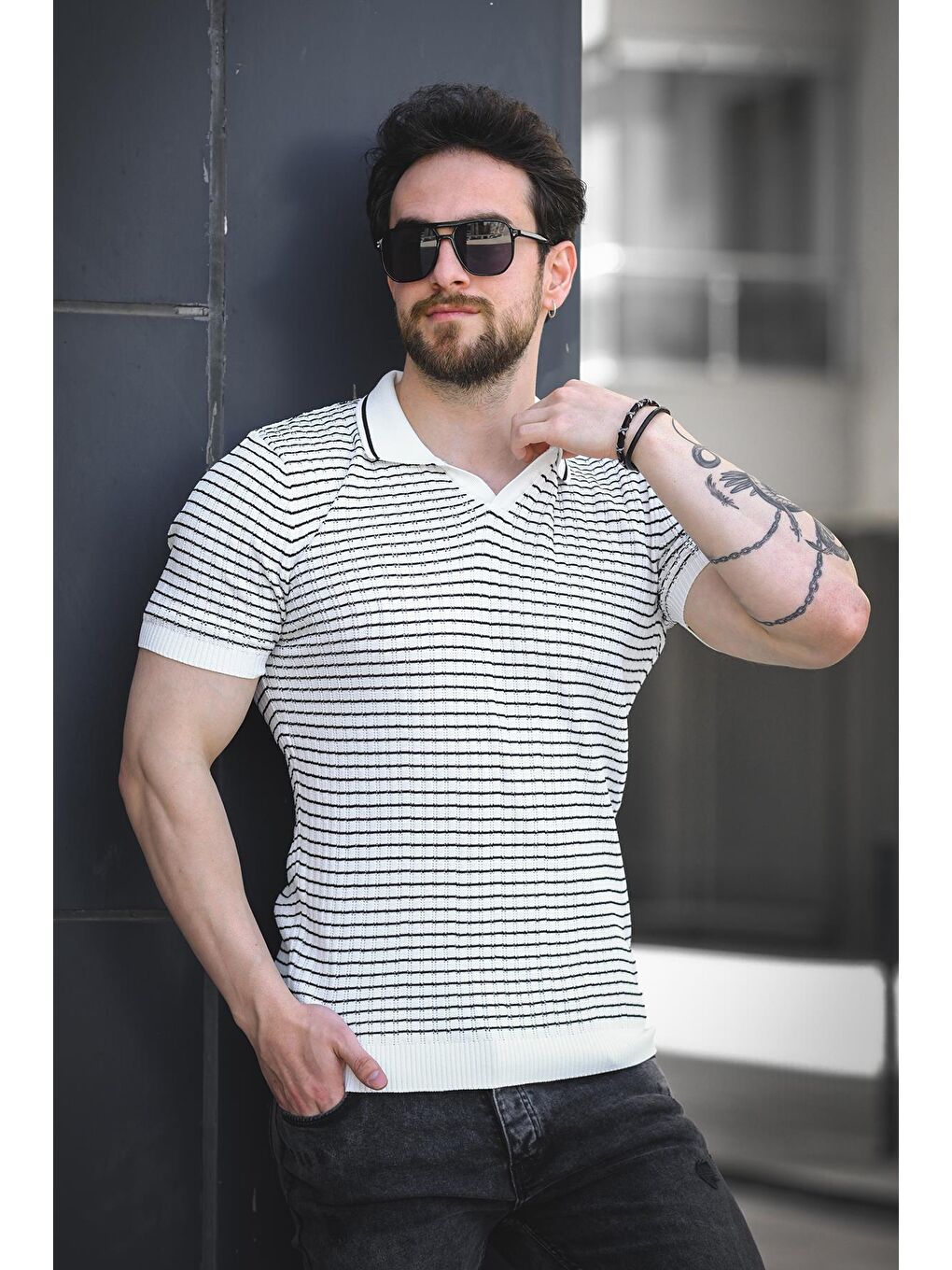 Beyaz Mirko Çizgili Elastanlı Slim Fit Polo Yaka Örme Erkek Triko Tshirt-3