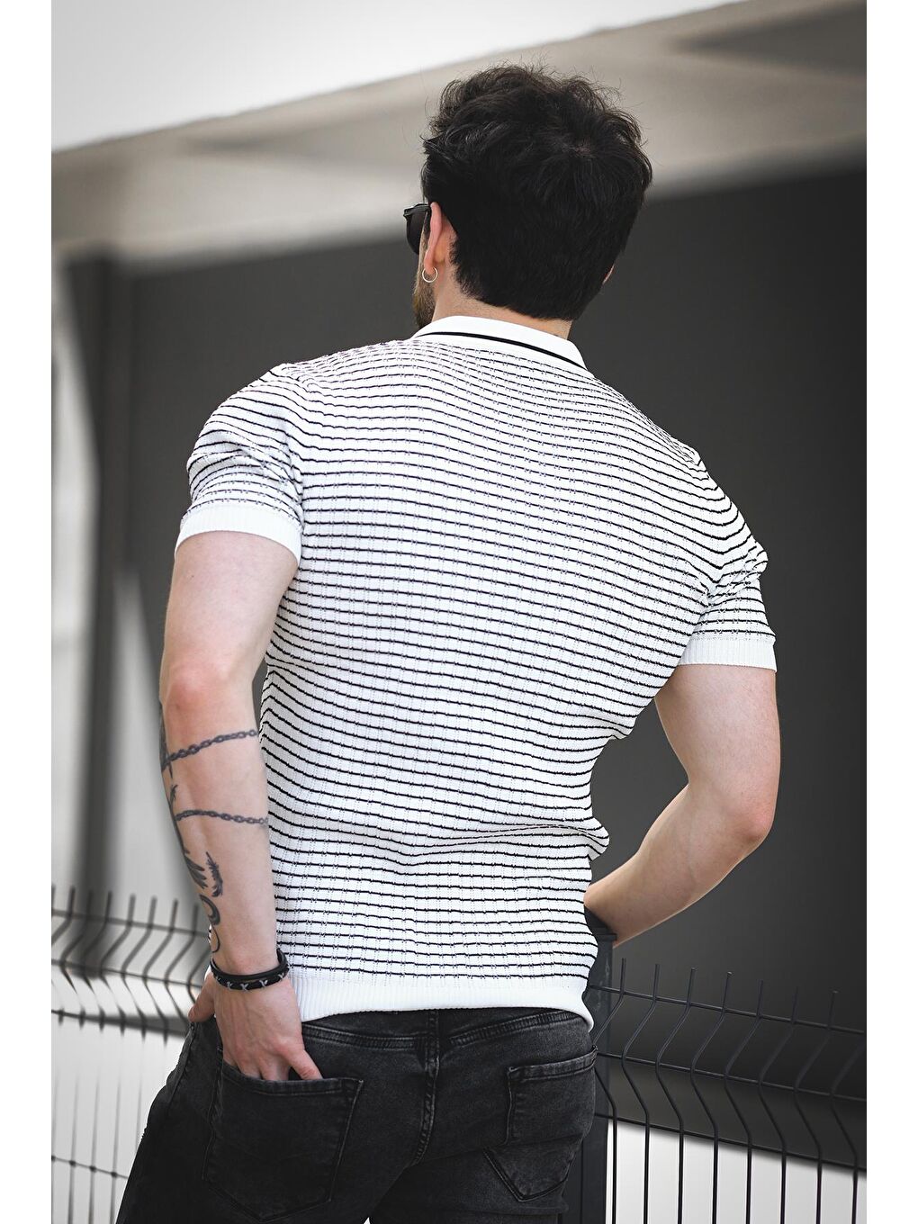 Beyaz Mirko Çizgili Elastanlı Slim Fit Polo Yaka Örme Erkek Triko Tshirt-4