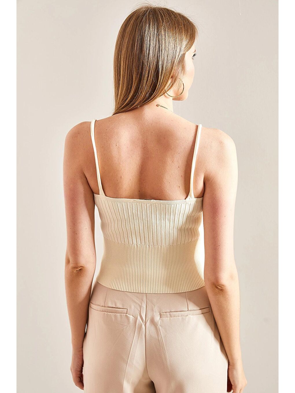 Ekru Kadın İp Askılı Fitilli Triko Bluz-2