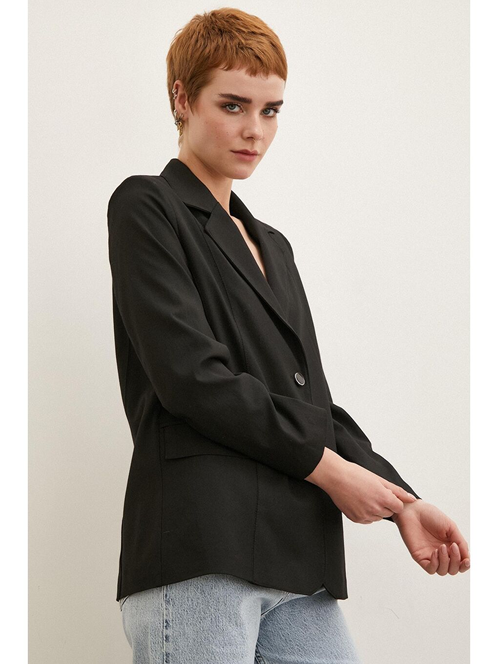 Siyah Çift Düğmeli Dikişli Blazer Ceket-3