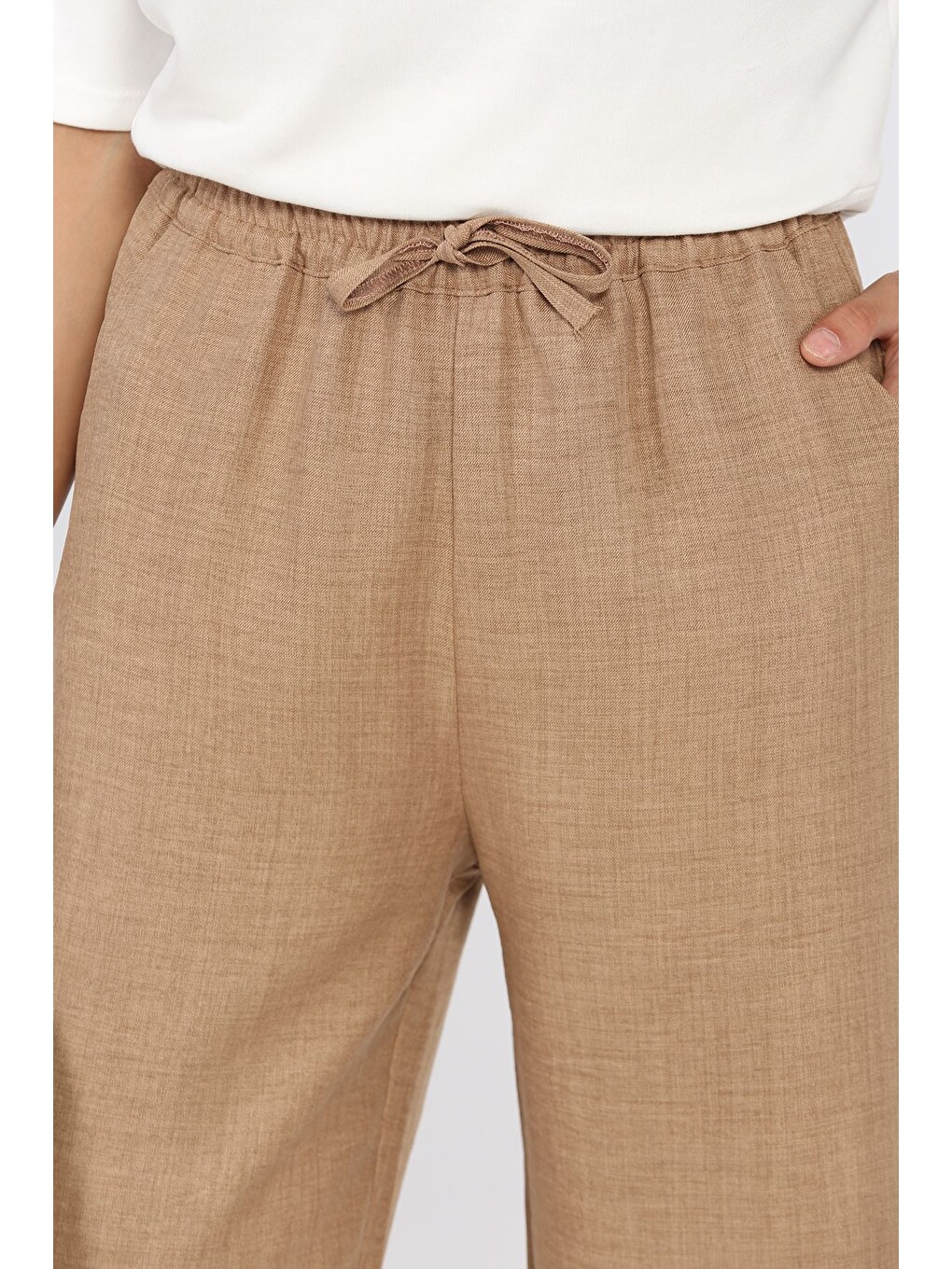 Bej Kadın Bel Lastikli Bol Paça Pantolon-4
