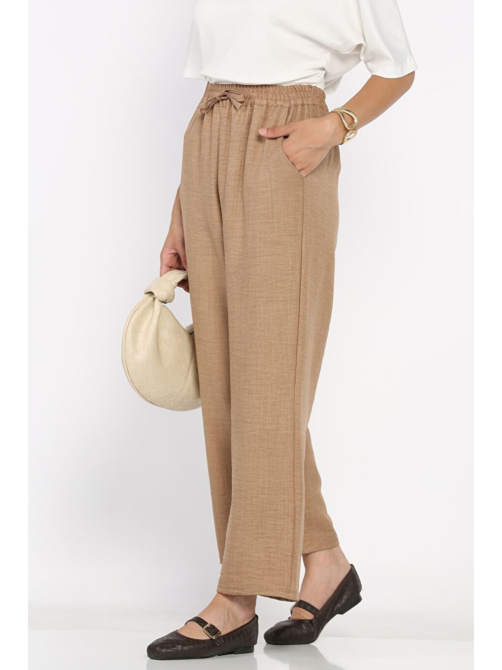 Bej Kadın Bel Lastikli Bol Paça Pantolon-5