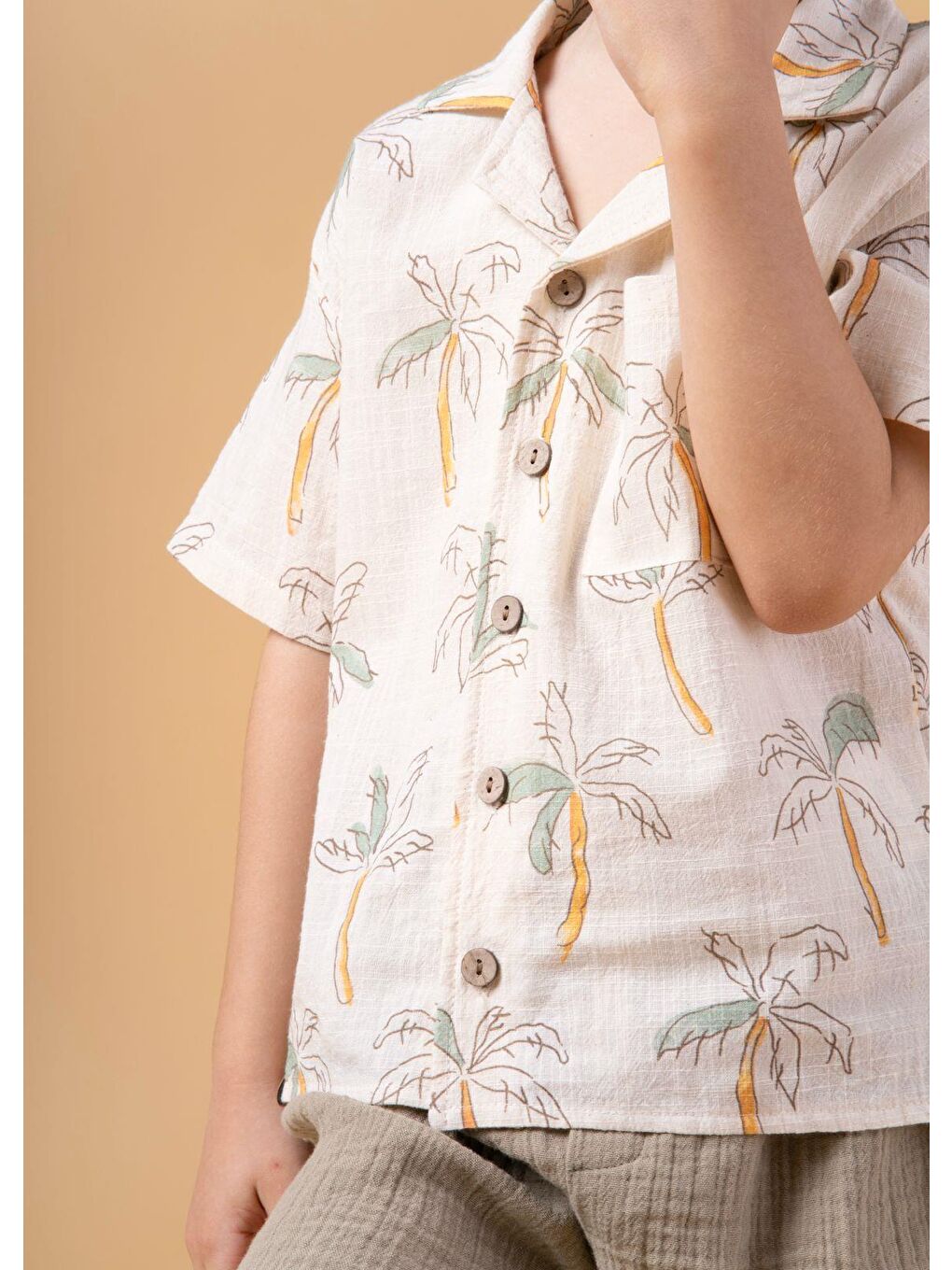 Kahverengi Erkek Çocuk Palmiye Desenli Gömlekli Takım Şortlu Yazlık İkili Set-3