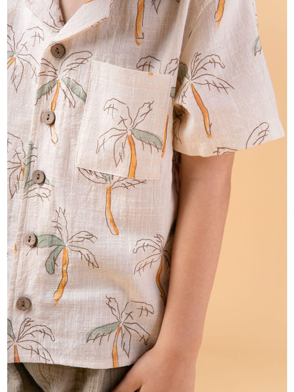 Kahverengi Erkek Çocuk Palmiye Desenli Gömlekli Takım Şortlu Yazlık İkili Set-4