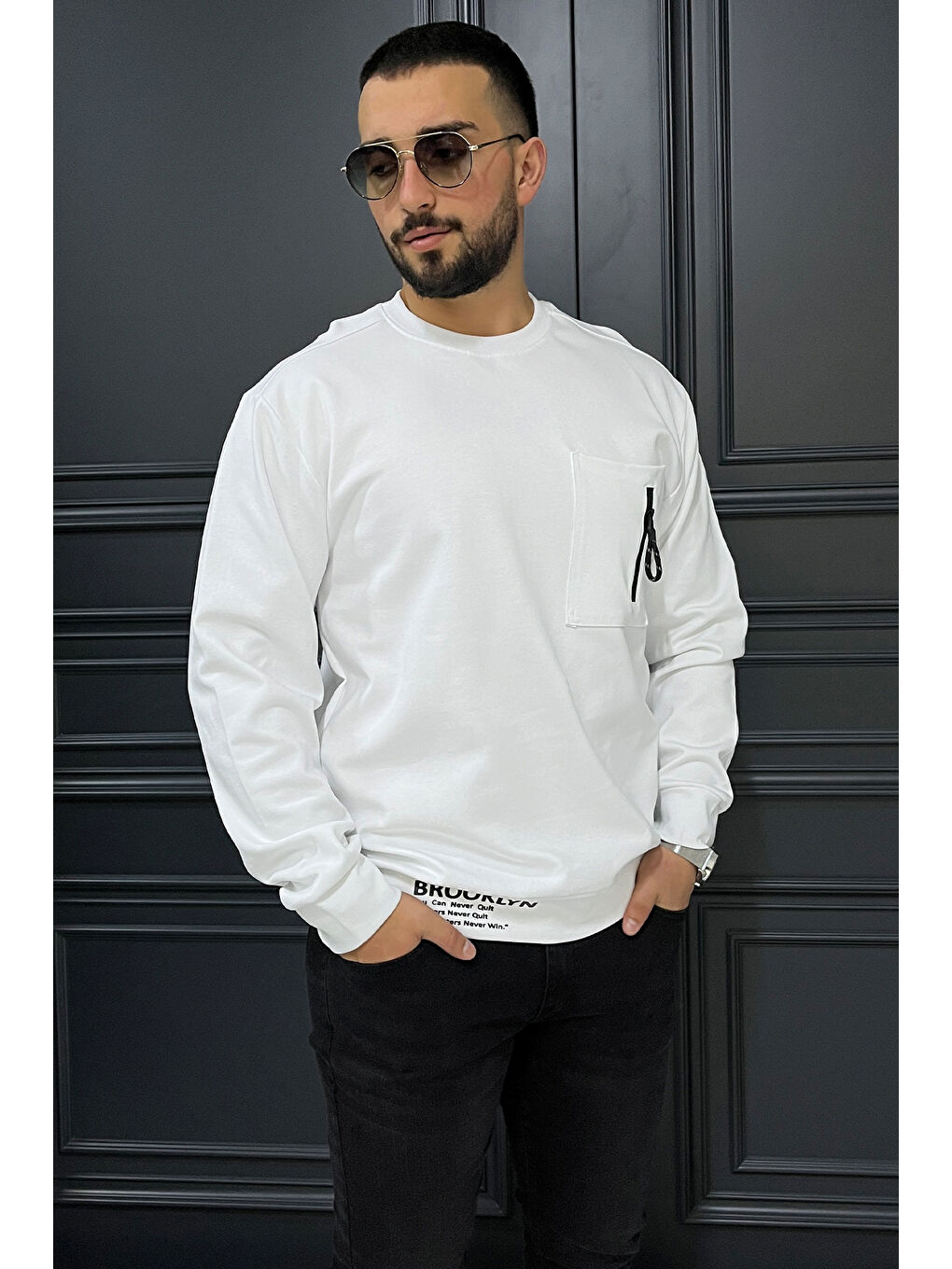 Beyaz Bisiklet Yaka Cep Fermuar Detaylı Double Face Erkek Sweatshirt-1