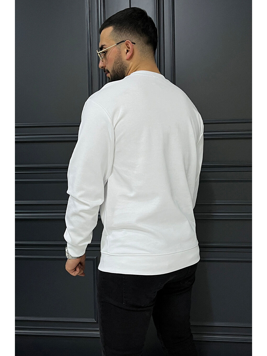 Beyaz Bisiklet Yaka Cep Fermuar Detaylı Double Face Erkek Sweatshirt-2