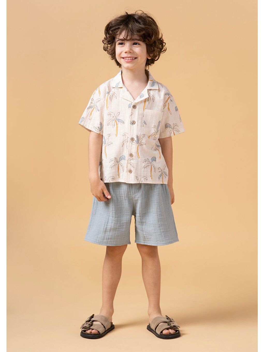 Mavi Erkek Çocuk Palmiye Desenli Gömlekli Takım Şortlu Yazlık İkili Set