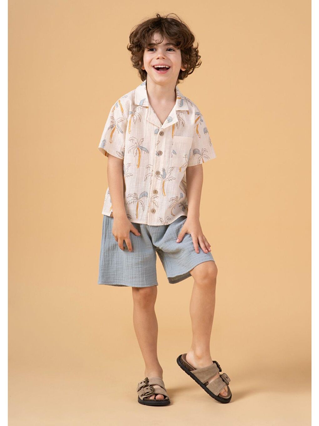 Mavi Erkek Çocuk Palmiye Desenli Gömlekli Takım Şortlu Yazlık İkili Set-1