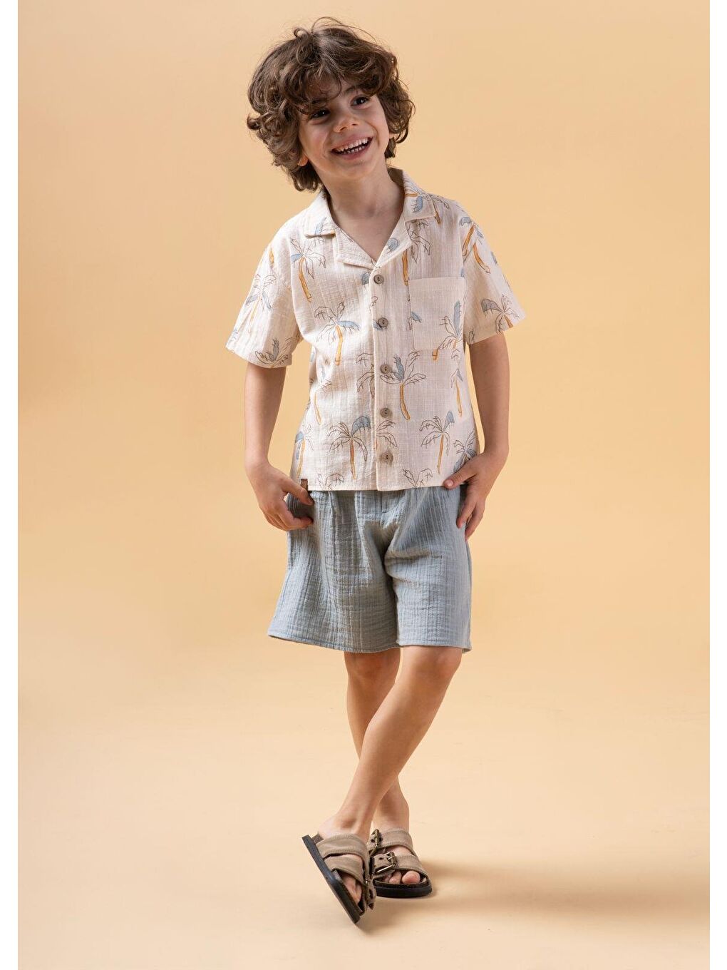 Mavi Erkek Çocuk Palmiye Desenli Gömlekli Takım Şortlu Yazlık İkili Set-2