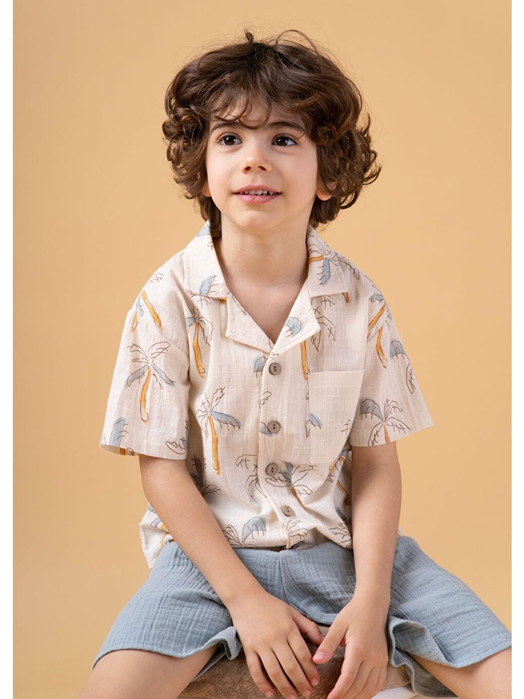 Mavi Erkek Çocuk Palmiye Desenli Gömlekli Takım Şortlu Yazlık İkili Set-3