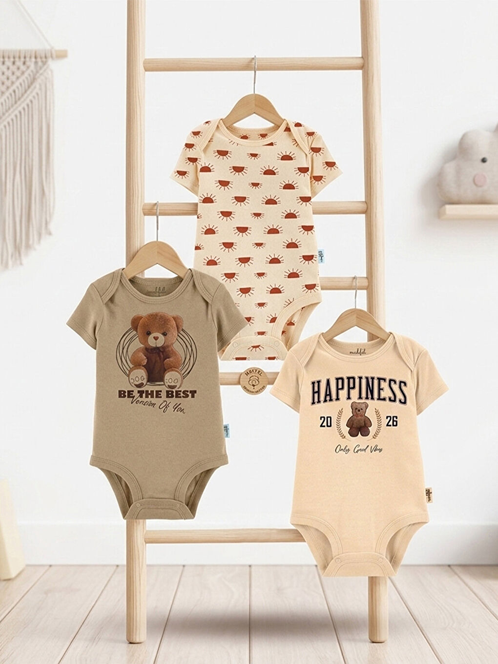 Kırmızı 3'Lü %100 Pamuklu Organik Baskılı Kısa Kollu Çıtçıtlı Bebek Body Zıbın 780-839-2