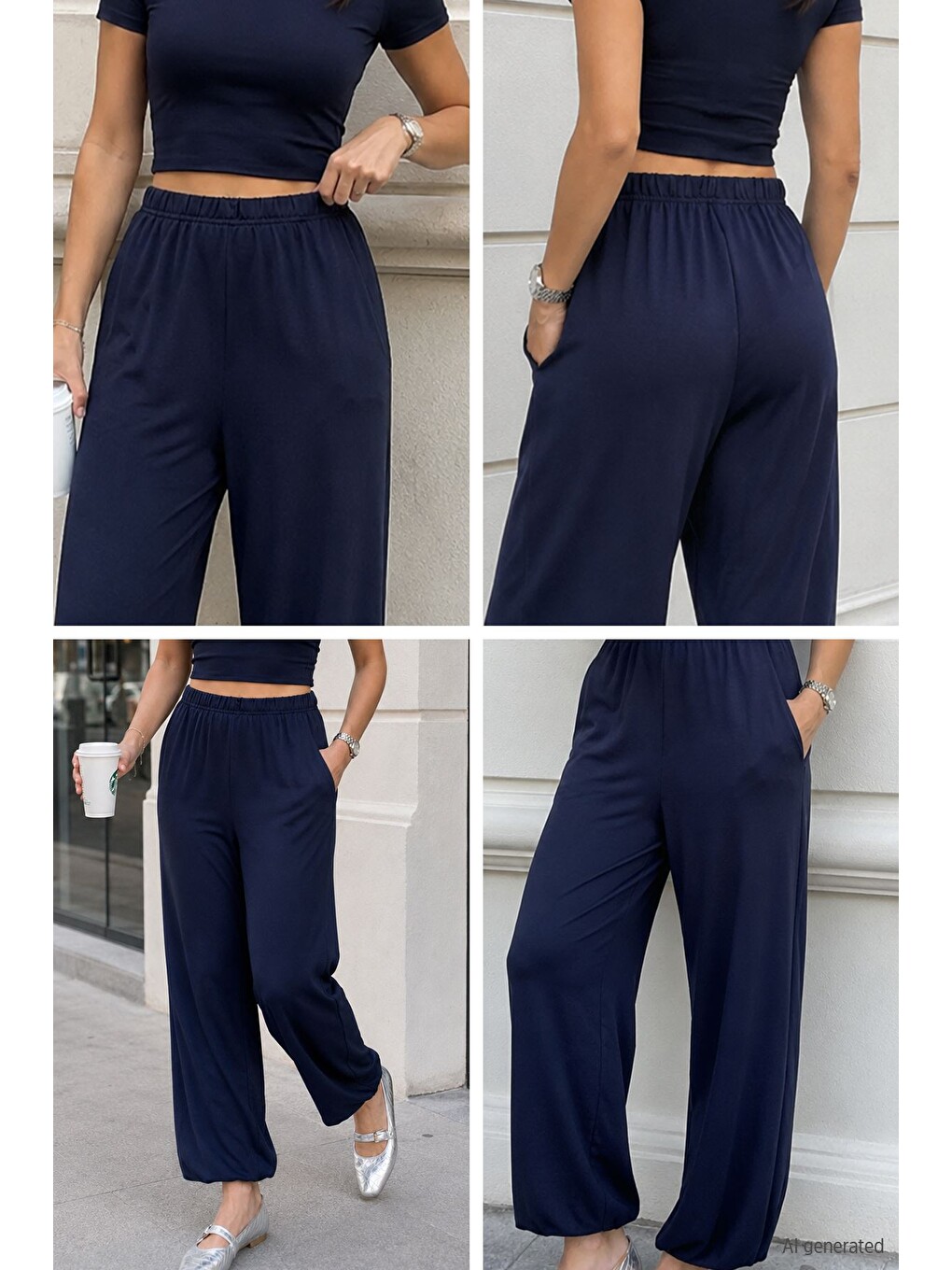 Lacivert Kadın Bel Ve Paça Lastikli Şalvar Model Pantolon-1
