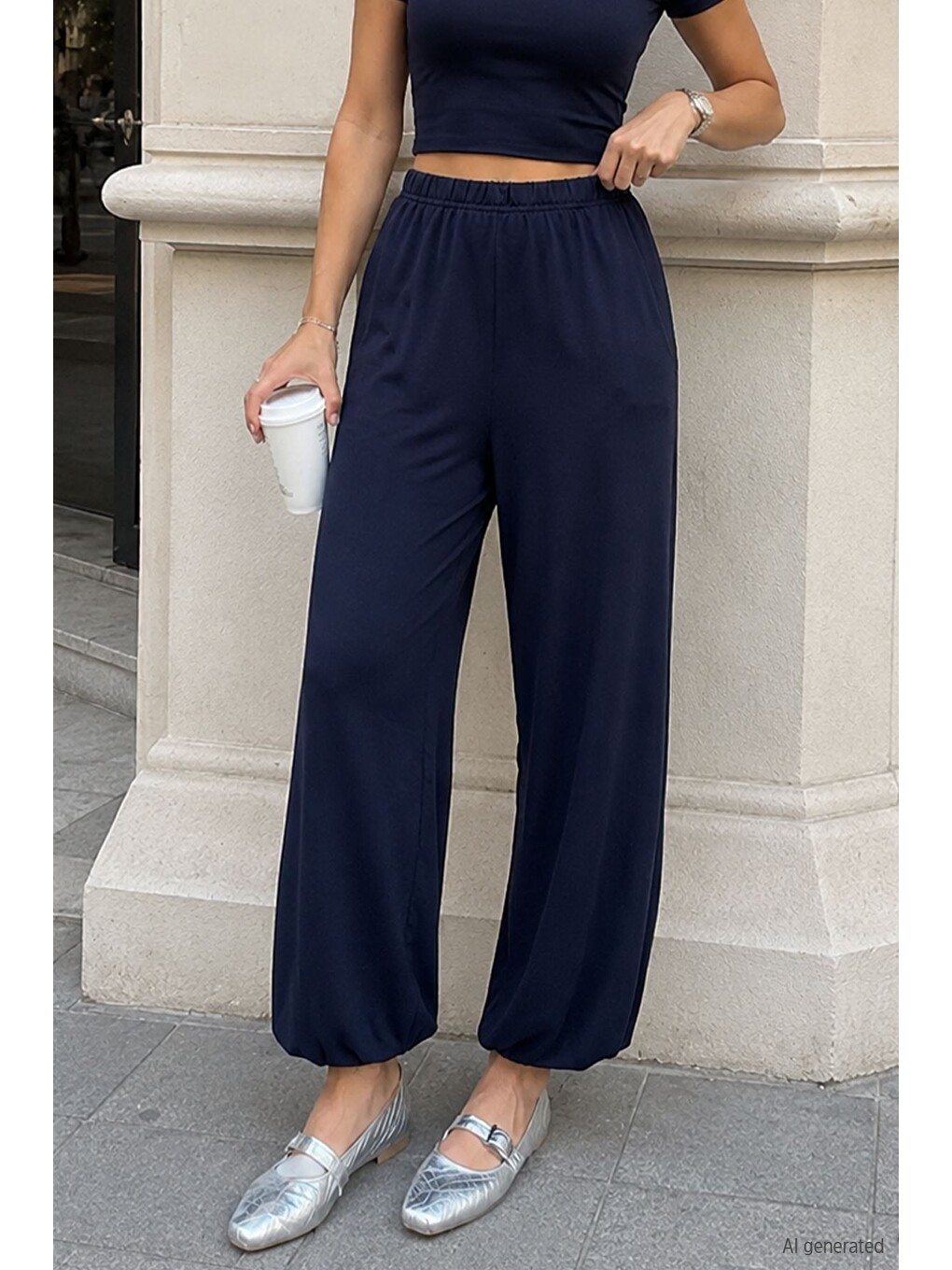 Lacivert Kadın Bel Ve Paça Lastikli Şalvar Model Pantolon-2