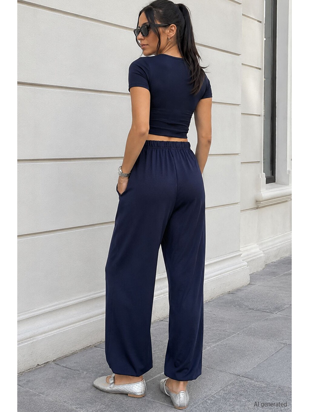 Lacivert Kadın Bel Ve Paça Lastikli Şalvar Model Pantolon-3