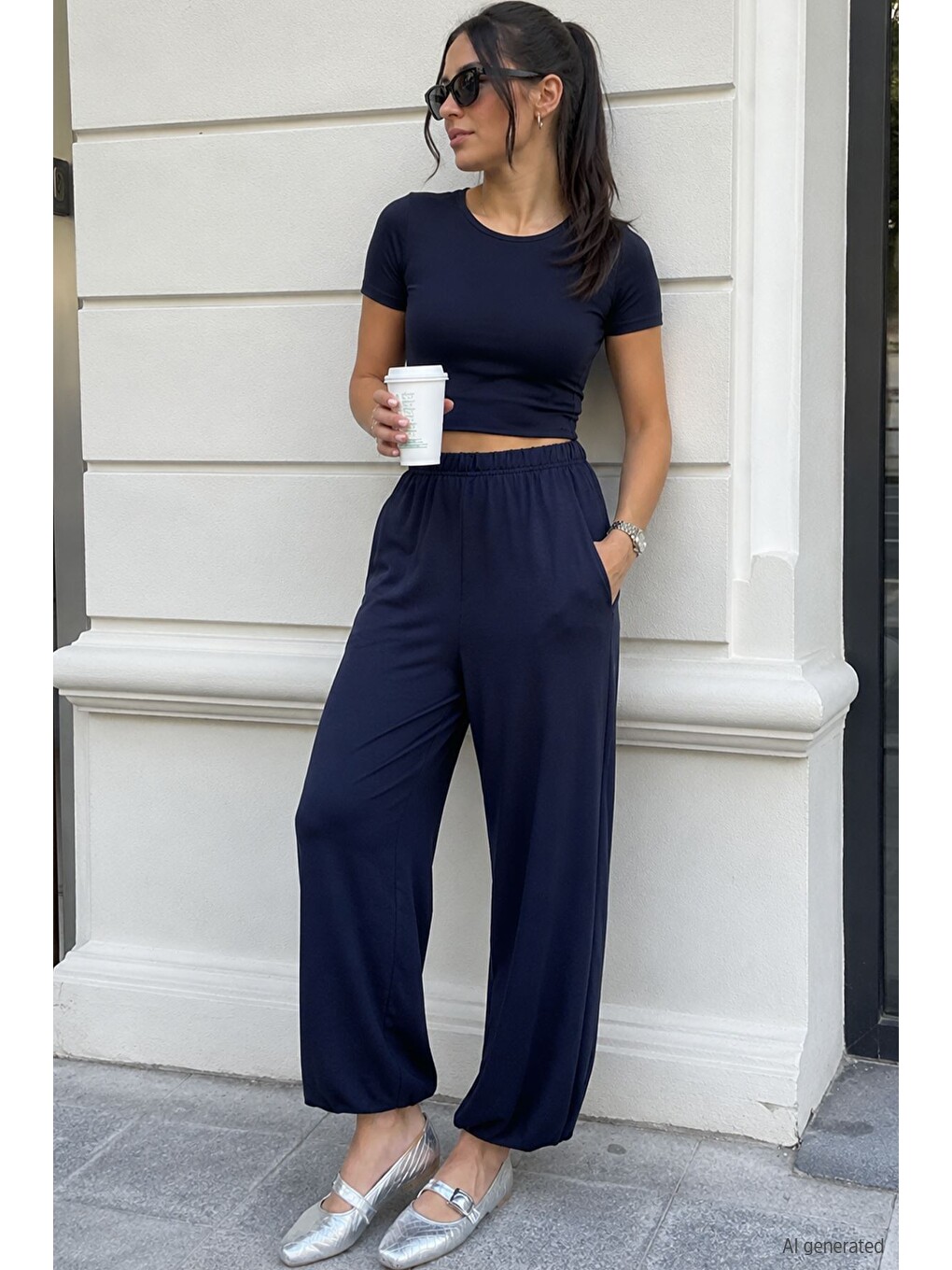 Lacivert Kadın Bel Ve Paça Lastikli Şalvar Model Pantolon-4