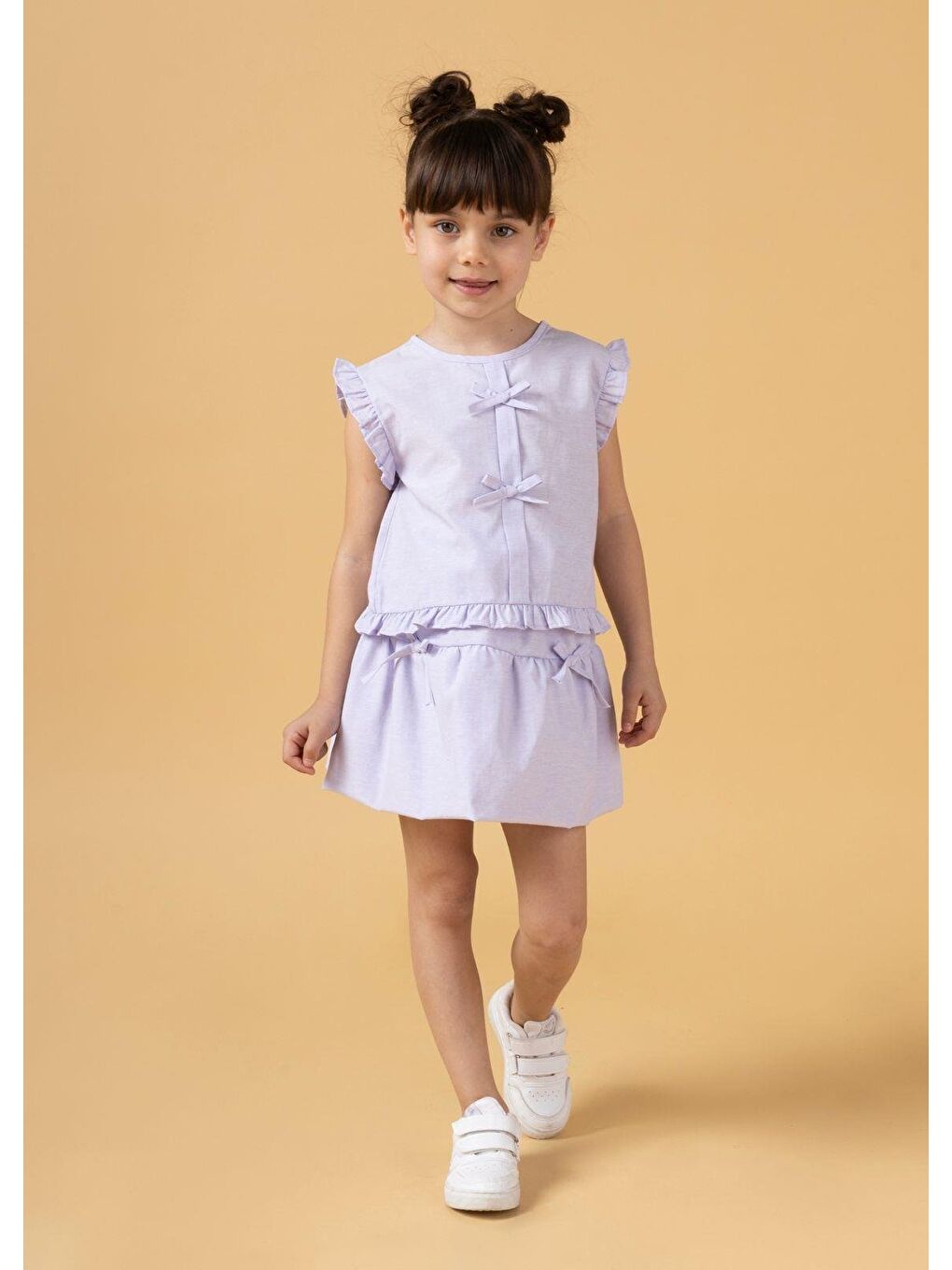 Mor Kız Çocuk Pamuklu Pudra Fiyonklu Volanlı Takım - Kolsuz Üst Ve Etekli Yazlık İkili Set