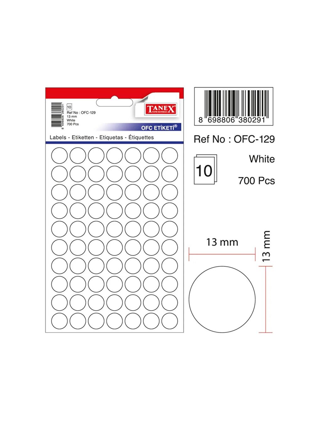 Tanex OFC-129 Renkli Yuvarlak Ofis Etiketi 13 mm 5 Sayfa 350 Adet