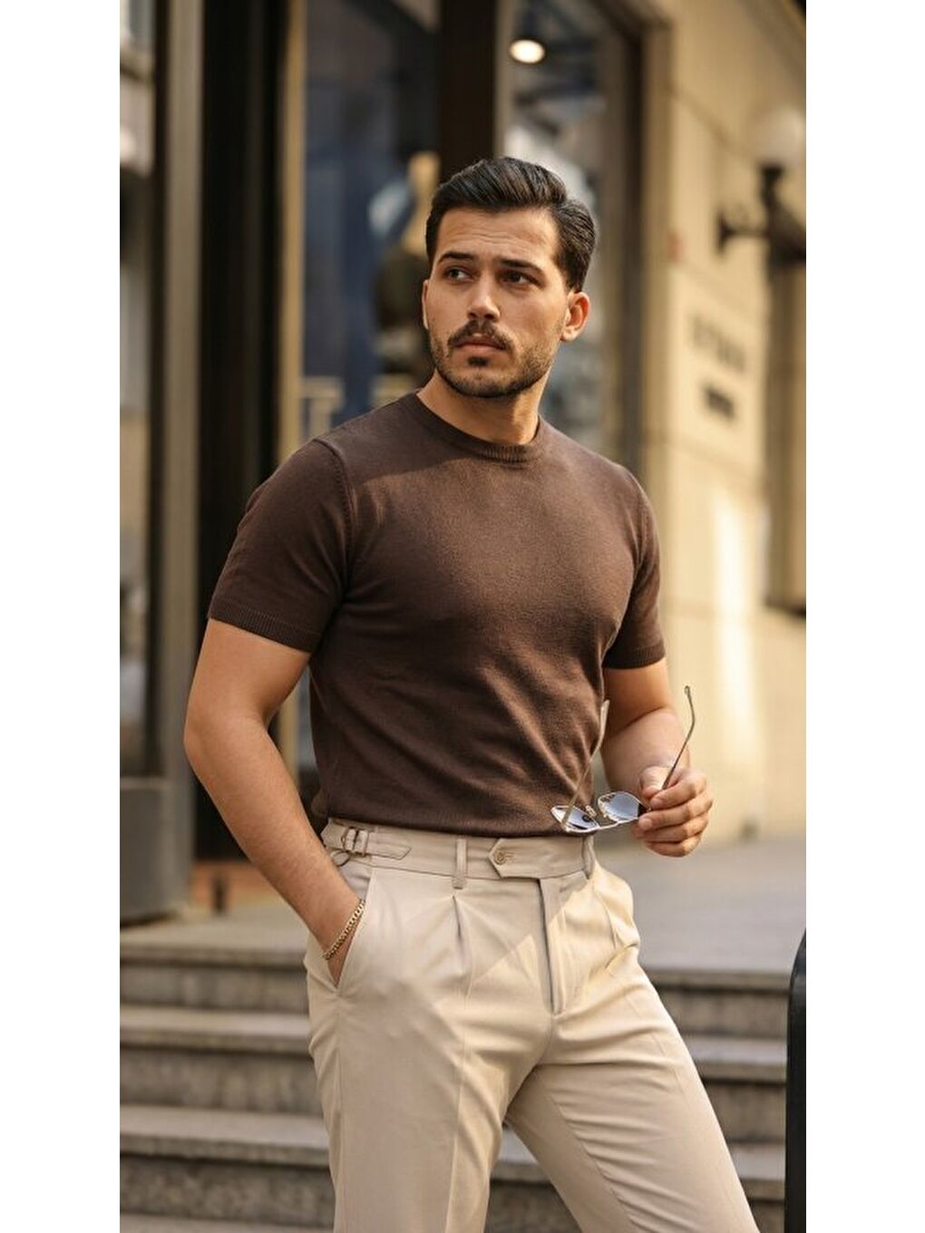 Kahverengi Erkek Basic Bisiklet Yaka Kısa Kollu Triko Tişört